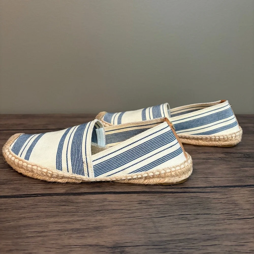 Tory Burch Espadrille Navy White Striped Canvas Braided Jute Sole Womens 7.5